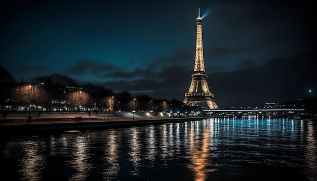 Foto gratuita majestuoso horizonte de la ciudad iluminado al anochecer que refleja la historia generada por ia