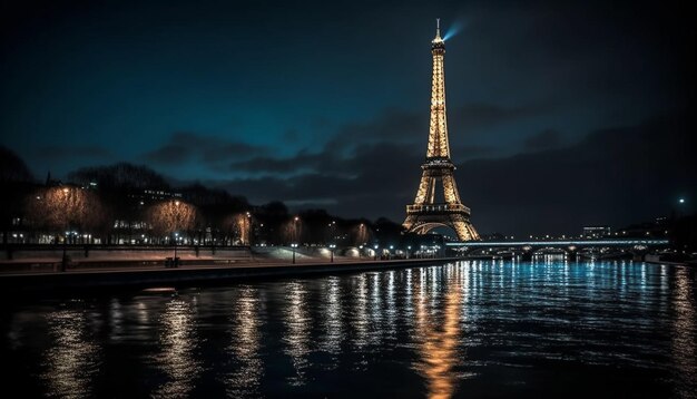 Majestuoso horizonte de la ciudad iluminado al anochecer que refleja la historia generada por IA