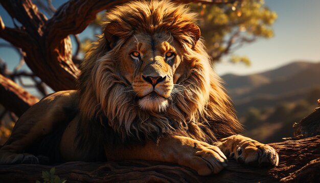 Majestuoso león descansando en la sabana mirando a la cámara con fuerza generada por inteligencia artificial