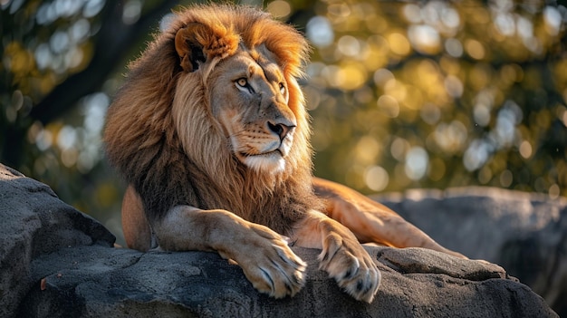 Foto gratuita el majestuoso león el indiscutible rey de la jungla descansando regalmente en una roca iluminada por el sol