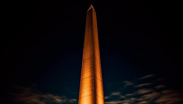 Majestuoso obelisco iluminado por la noche que simboliza la historia generada por IA