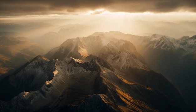 El majestuoso pico de la montaña atraviesa el cielo brumoso generado por la IA