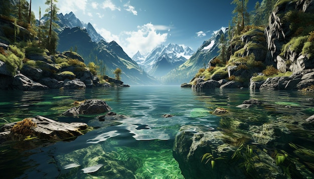 El majestuoso pico de la montaña refleja en aguas tranquilas la belleza natural generada por la inteligencia artificial