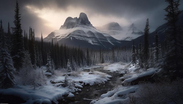 Foto gratuita el majestuoso pico de la montaña refleja la tranquila belleza invernal en la naturaleza generada por la inteligencia artificial