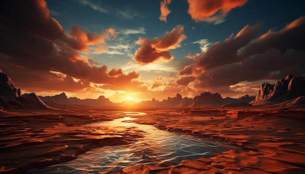 El majestuoso pico de la montaña refleja una tranquila puesta de sol sobre el agua generada por la inteligencia artificial