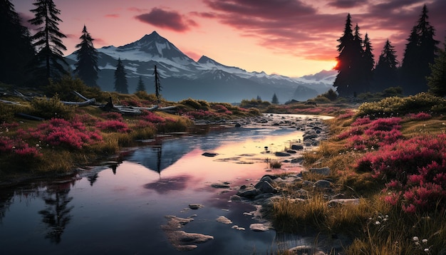 El majestuoso pico de la montaña se refleja en un tranquilo estanque al atardecer generado por inteligencia artificial