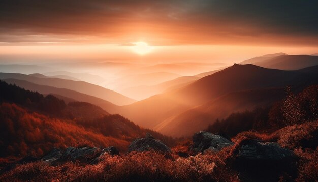 Majestuoso pico de montaña retroiluminado por la puesta de sol generada por IA