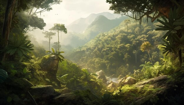 Majestuoso pico de montaña en una tranquila selva tropical generado por IA