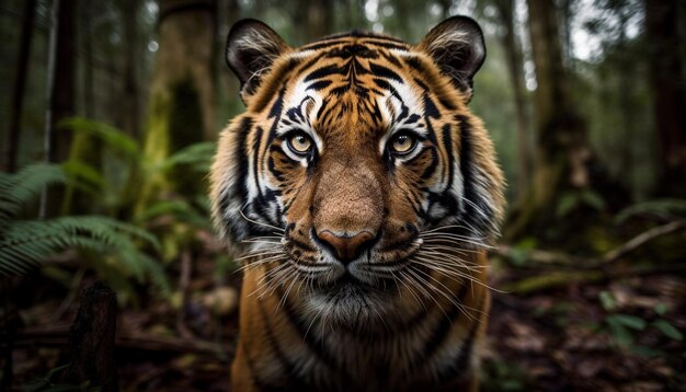 Majestuoso tigre de bengala mira fijamente en un bosque tropical generado por IA