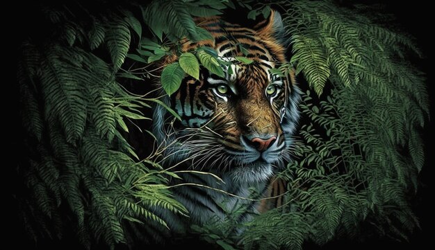 Un majestuoso tigre de Bengala mirando fijamente al primer plano IA generativa