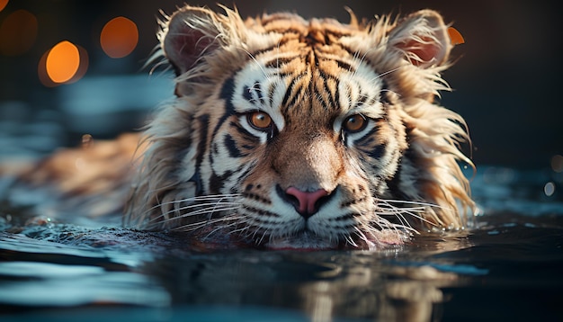 Majestuoso tigre mirando reflejando la belleza en la naturaleza tranquila escena generada por inteligencia artificial
