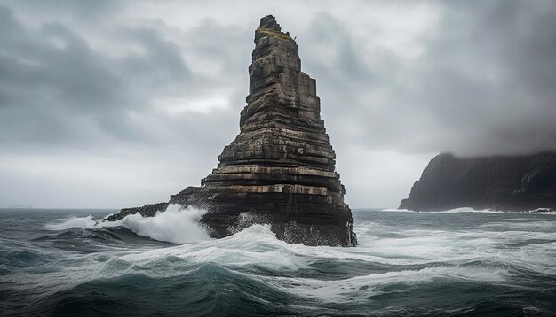 Majestuosos acantilados bordean la áspera costa de niebla generada por IA