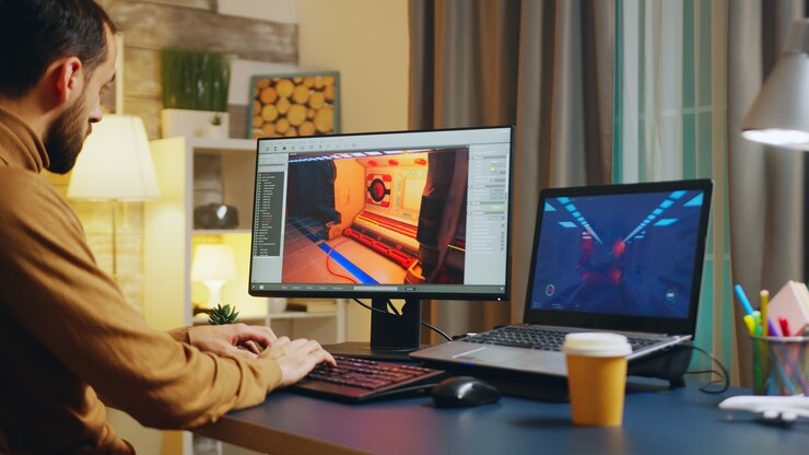 Photo Gratis male game developer typing on keyboard while developing a new level of the game.