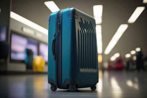 Foto gratuita maleta azul en el suelo de la terminal del aeropuerto