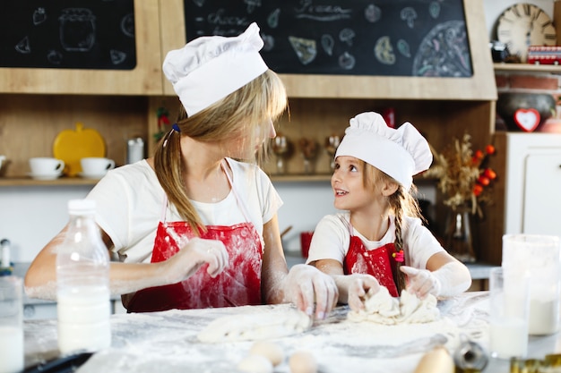 Mamá e hija con la misma ropa se divierten preparando una masa en una cocina acogedora