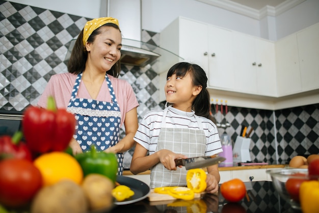 Mamá y su hija se ayudan mutuamente a preparar la cocina en la cocina de la casa.