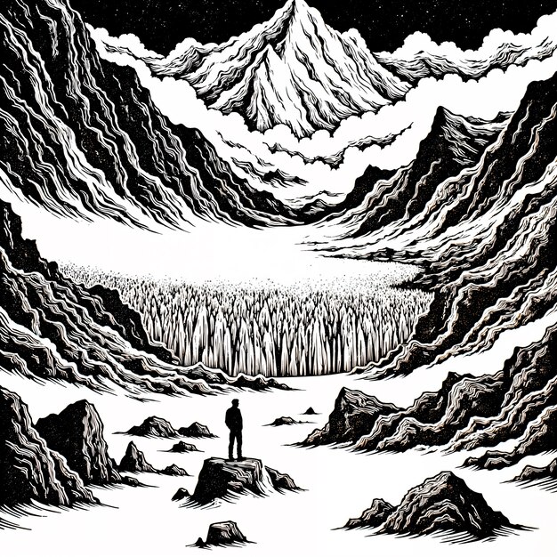 Man contemplating a stunning mountain landscape.