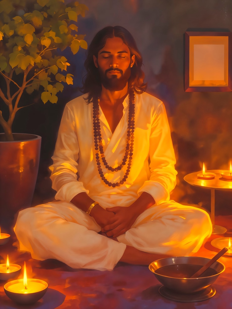 Foto gratuito man in meditation surrounded by candles