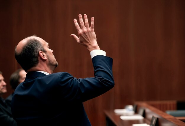 Man raising hand in courtroom during testimony