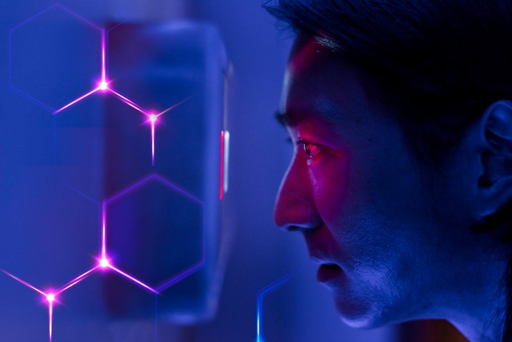 Photo Gratis man scanning his eyes biometrics security technology digital remix