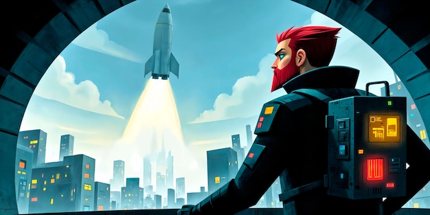 Man watching rocket launch in futuristic city