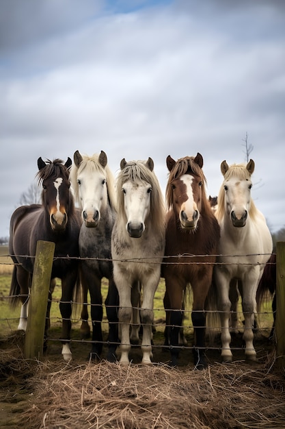 La manada de caballos detrás de la valla