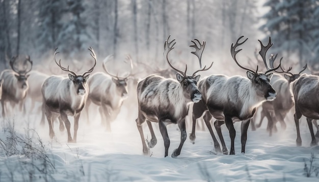 Manada de ciervos pastando en un bosque nevado generado por IA