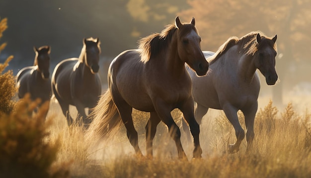 Manada corriendo de caballos bayos pastando en un prado tranquilo generado por IA