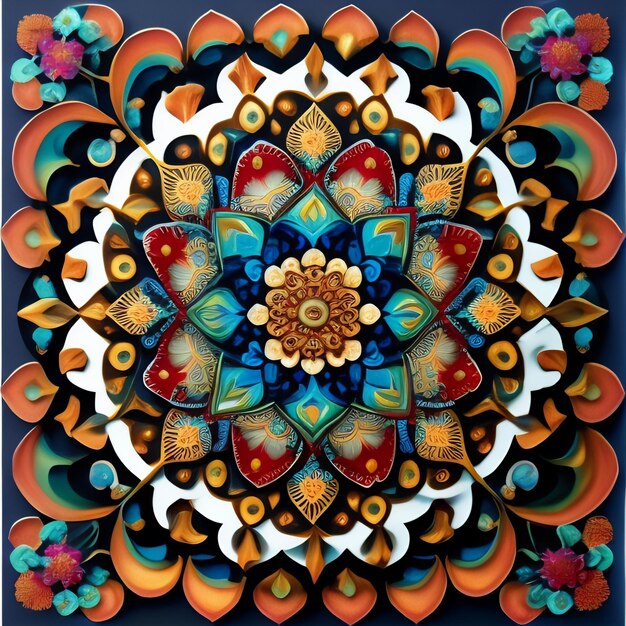 Un mandala colorido con un diseño floral.