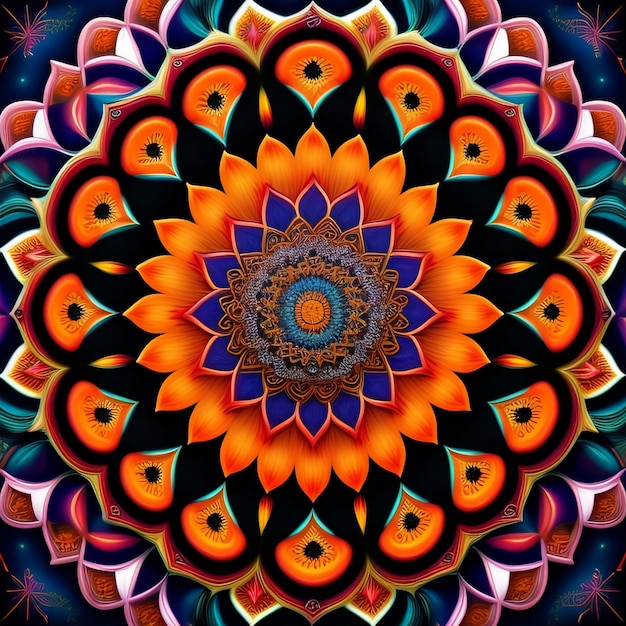 Un mandala colorido con un patrón colorido que dice naranja