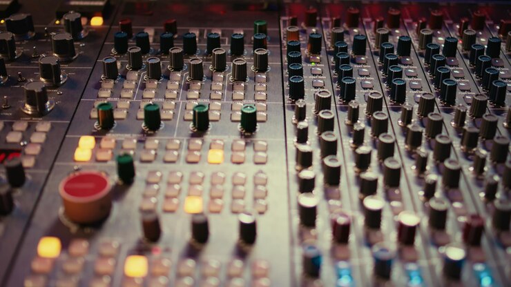 Foto gratuito mandos y interruptores del preamplificador en la placa del panel de la consola de mezcla