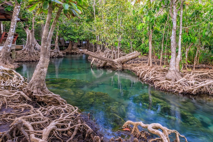 Foto gratuito manglares y canales de agua cristalina en tha pom klong song nam humedales de manglares krabi tailandia