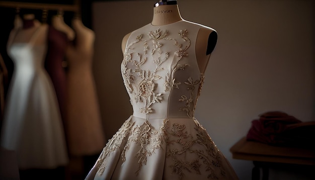 Foto gratuita maniquí de moda exhibe una elegante colección de vestidos de novia generada por ia