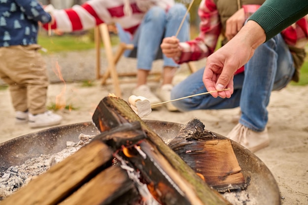 Manjar favorito. Mano masculina sosteniendo malvavisco en brocheta sobre fogata y detrás de la familia haciendo un picnic en el jardín cerca de la casa en un buen día, sin rostro