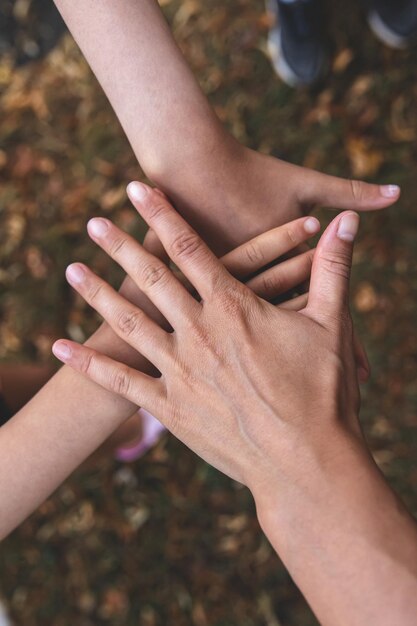 Foto gratuita la mano de un adulto y dos niños juntos un símbolo de amistad