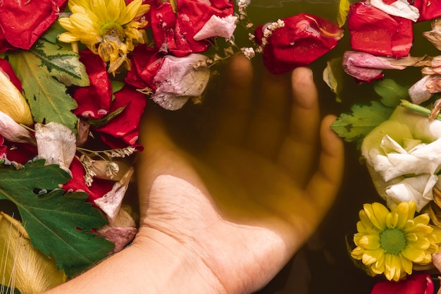 Mano en agua con flores de colores