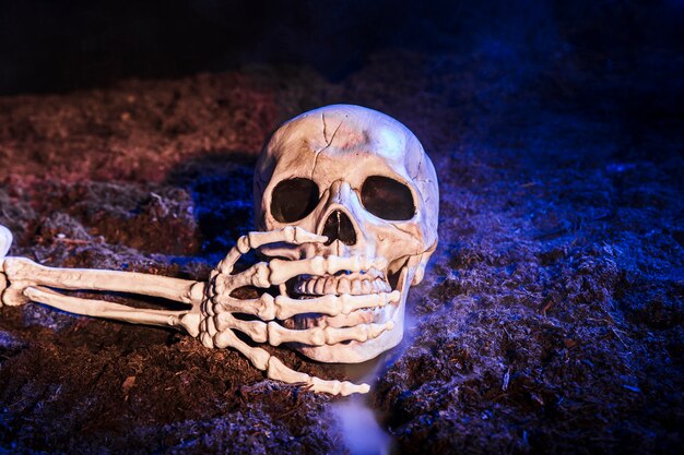 Mano del esqueleto que cierra el diente del cráneo en la tierra
