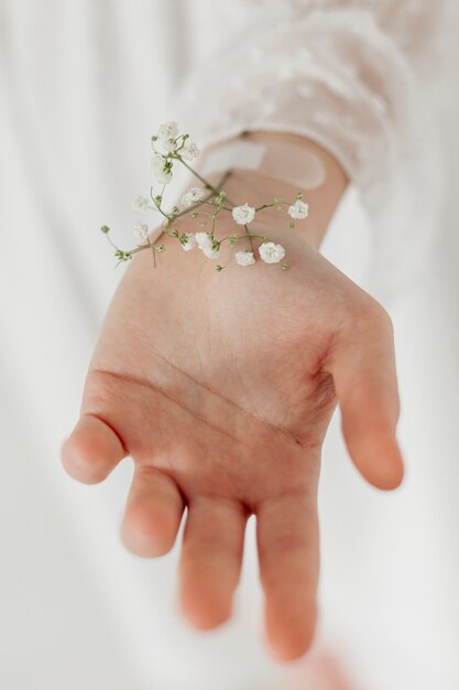 Mano con flores de primavera de cerca