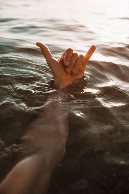 Mano de hombre con gesto de shaka en agua