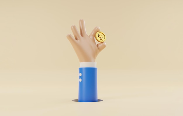 La mano de un hombre de negocios se levanta y sostiene una moneda de dólar dorado para el cambio de divisas y el concepto de pago de transferencia de dinero mediante una ilustración de representación 3d