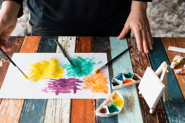 Mano del hombre pintando pincelada colorida sobre papel blanco