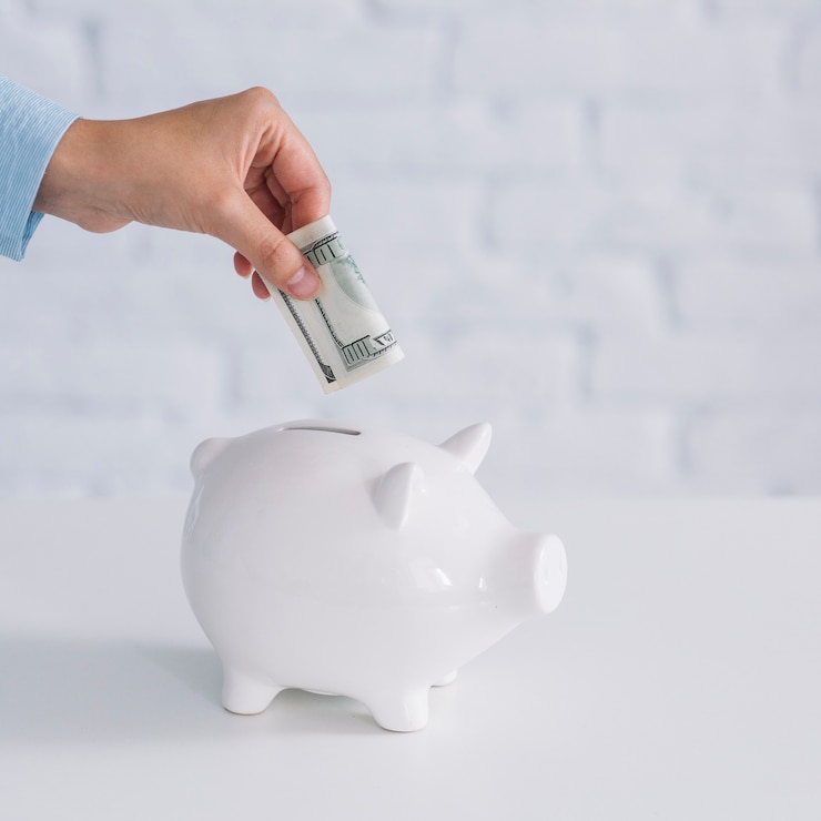 Foto gratuito mano humana insertando billetes en piggybank blanco en el escritorio