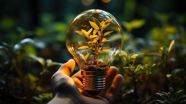 Foto gratuita mano humana sosteniendo una bombilla con una planta verde dentro de la ecología y el concepto ambiental