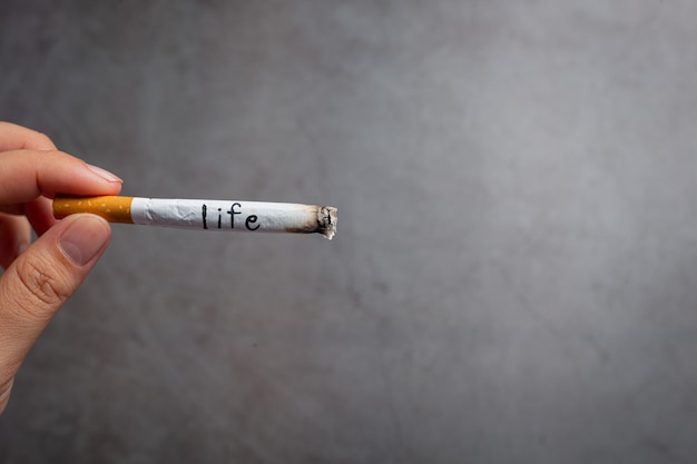 Mano humana sosteniendo el cigarrillo Concepto del día mundial sin tabaco.