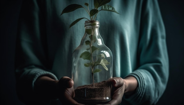 Foto gratuita mano humana sosteniendo plántulas frescas para plantar generadas por ia