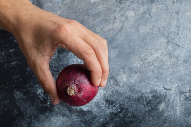 Mano masculina sosteniendo una sola cebolla roja sobre fondo de mármol