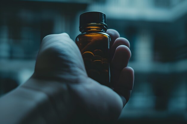 La mano con la medicación en el estilo oscuro