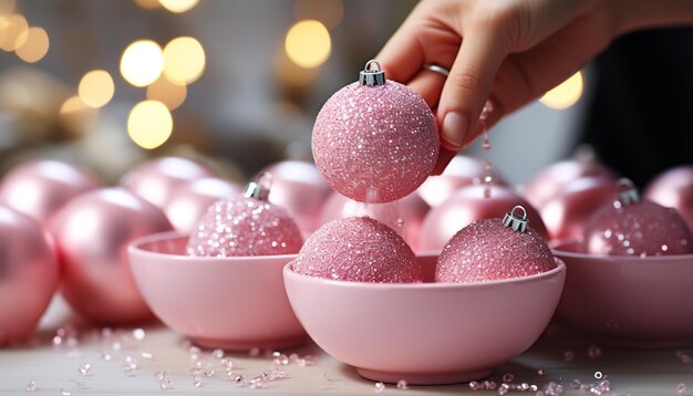 Foto gratuita una mano de mujer decora un adorno navideño rosa con alegría generada por inteligencia artificial