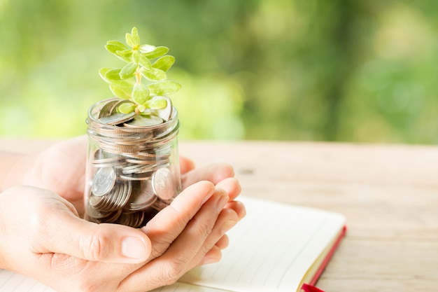 Mano de mujer sosteniendo la planta que crece de la botella de monedas