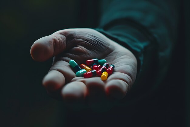 La mano con las pastillas entorno oscuro